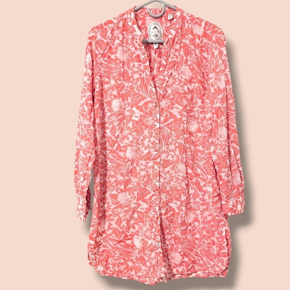 Ganesh Pink Floral Cotton Lightweight Relaxed Long Sleeve Button-Up Shirt Dress